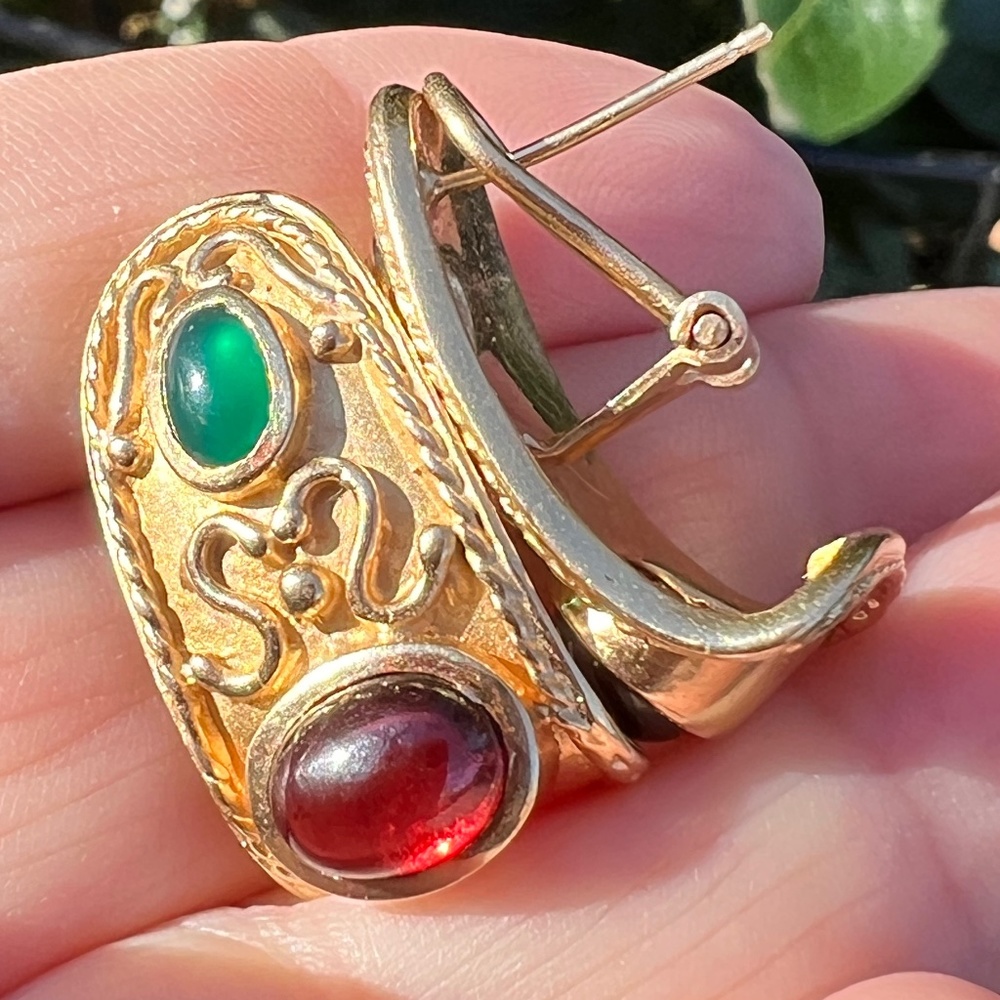 VINTAGE 14K GOLD CABOCHON GARNET GREEN CHRYSOPRASE EARRINGS STATEMENT CUSTOM - Picture 9 of 16